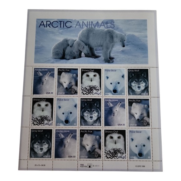 Other - Arctic Animals USA‎ Stamps Sheet of 15 Unused 33 Cent USPS 1998
